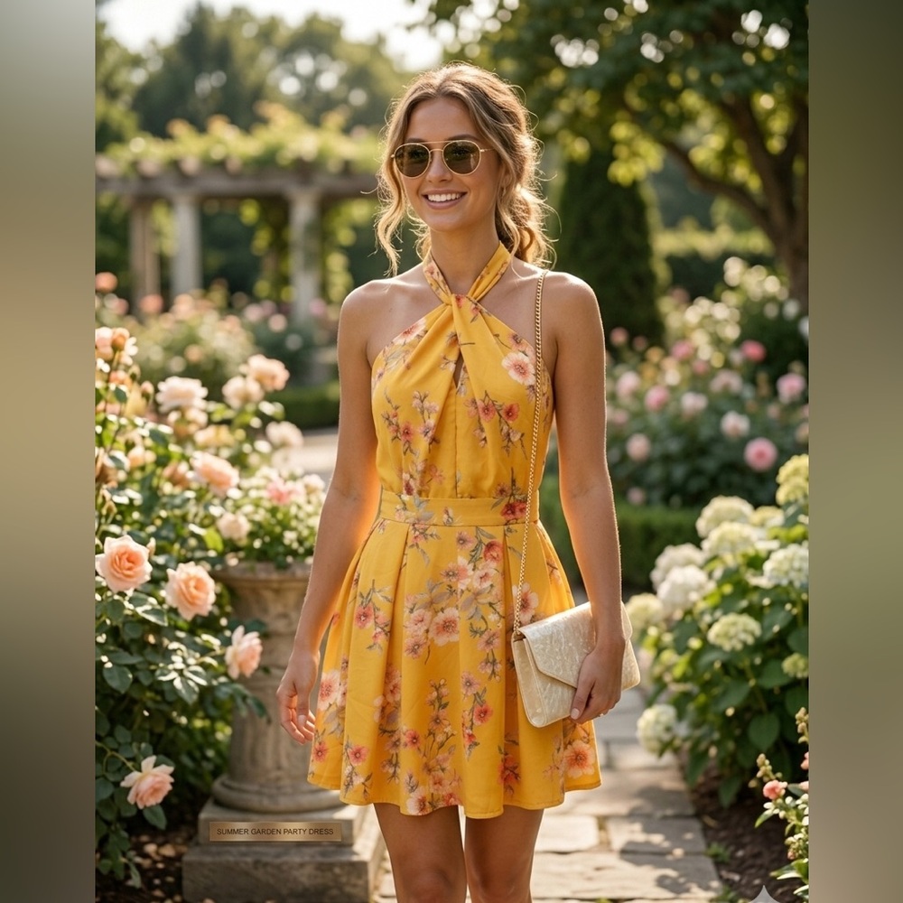 Mustard Yellow Floral Halter Romper | Summer Garden Party Dress Style - NWOT